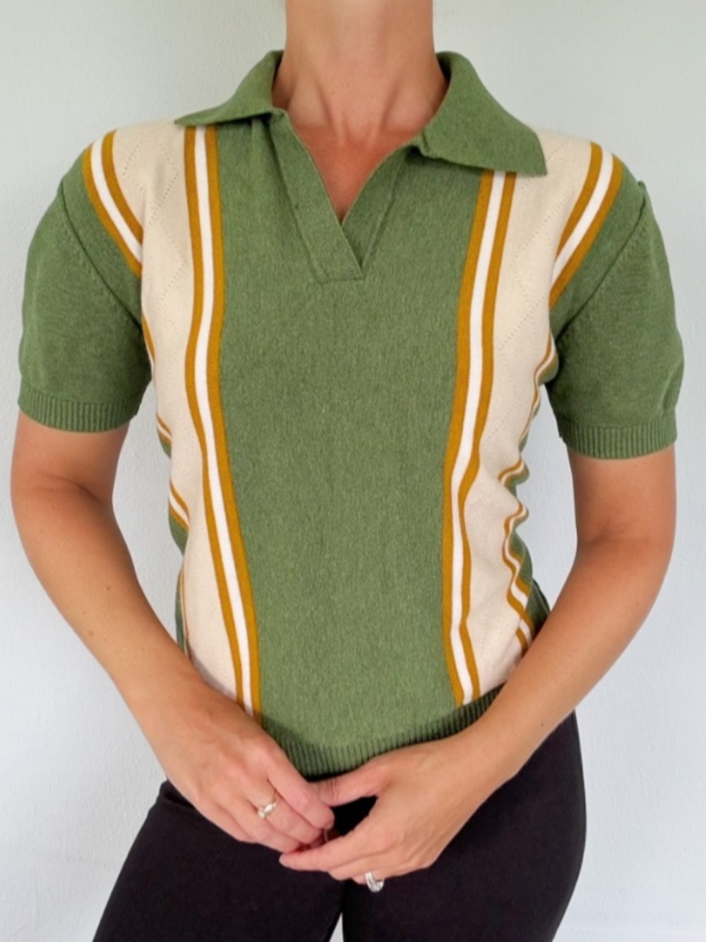 Cider moss green beige stripe collared cropped polo sweater top size large